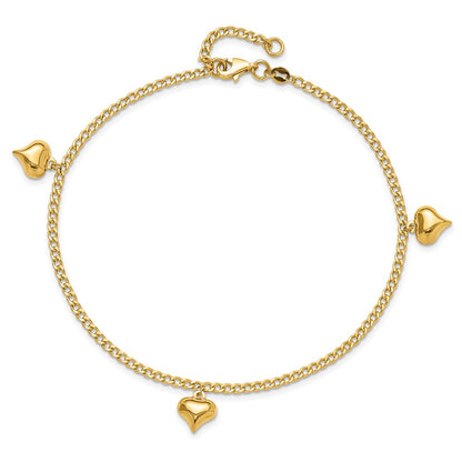14K Yellow Gold Polished Curb Chain with 3 Puffed Heart Dangles 9 Inch Plus 1 Inch Extender - Total 10 Inch Anklet