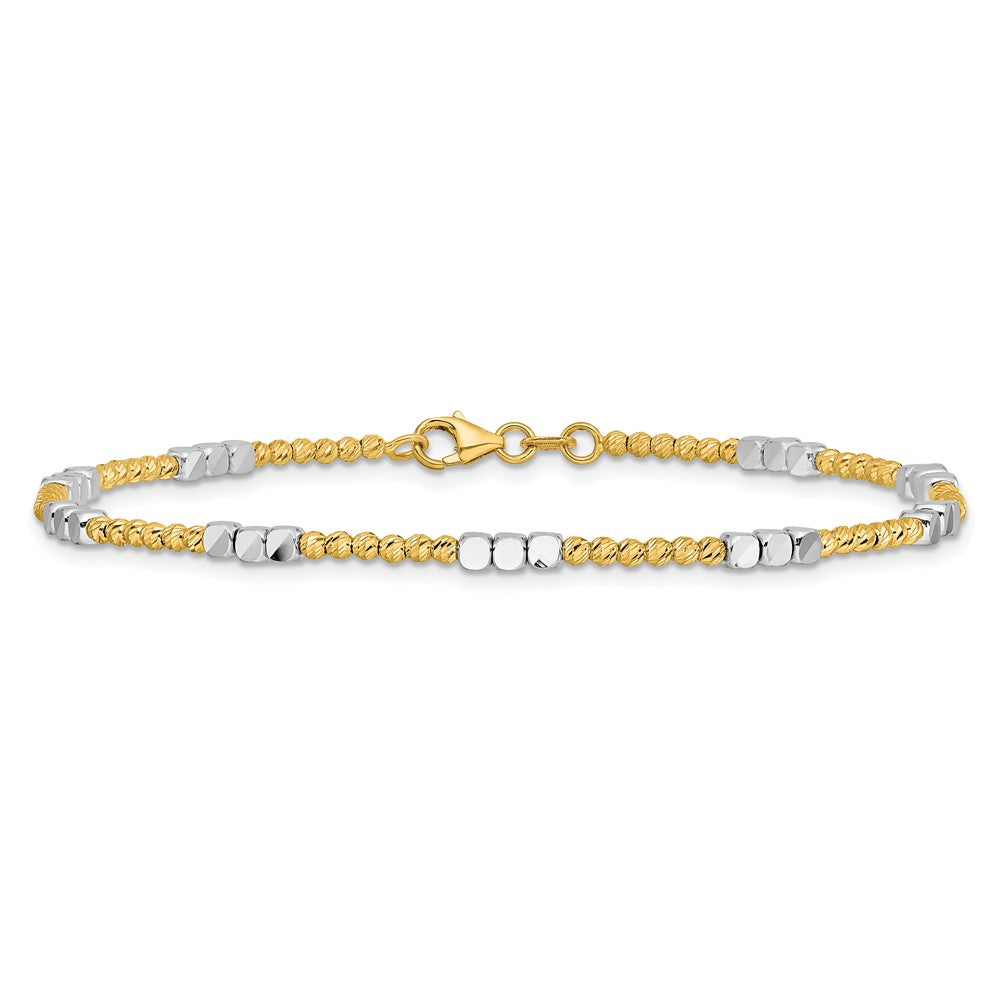14K Two-Tone Gold Two-tone Diamond-cut Round and Square Beaded 7.5 Inch Bracelet