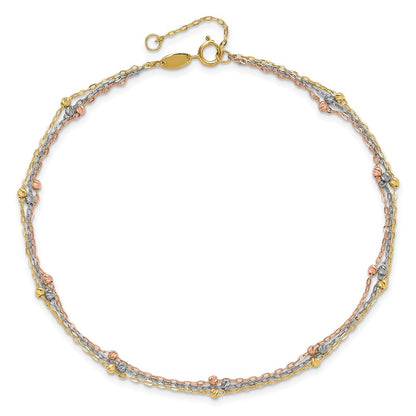 14K Tri-Color Gold Tri-color 3-Strand Diamond-cut Beaded 9-Station 9 Inch Plus 1 Inch Extender - Total 10 Inch Anklet