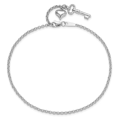 14K White Gold Cable Chain with Puffed Heart and Key Dangle 9 Inch Plus 1 Inch Extender - Total 10 Inch Anklet