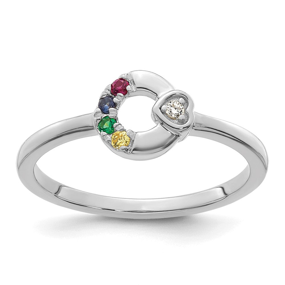 14K White Gold Diamond Heart with 4 Synthetic Birthstone Mother's Circle Ri