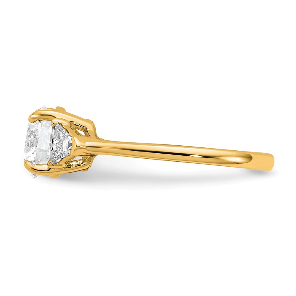 14K Yellow Gold 1/2 carat Lab Grown Diamond VS+ F+ Triangle 1 1/2 carat Round Semi Mount Three Stone Engagement Ring