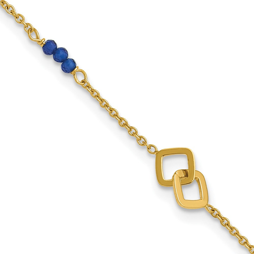 14K Yellow Gold Polished Blue Spinel Beads and Squares 9 Inch Plus 1 Inch Extender - Total 10 Inch Anklet