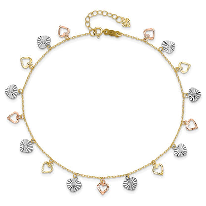 14K Tri-Color Gold Tri-Color Dangle Hearts 9 Inch Plus 1 Inch Extender - Total 10 Inch Anklet