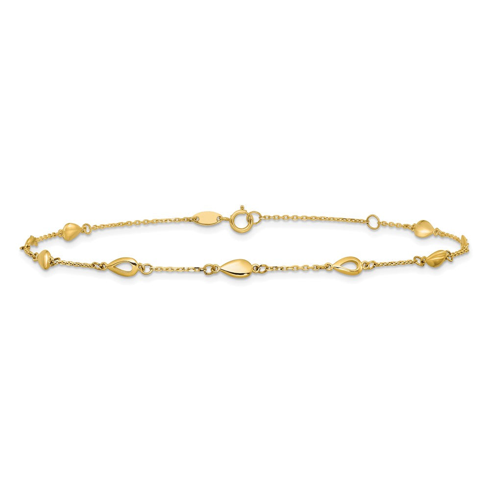 14K Yellow Gold Polished Teardrop 9 Inch Plus 1 Inch Extender - Total 10 Inch Anklet