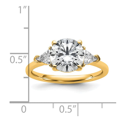 14K Yellow Gold 1/2 carat Lab Grown Diamond VS+ F+ Triangle 2 carat Round Semi Mount Three Stone Engagement Ring