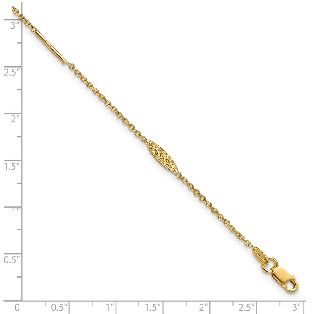 14K Yellow Gold Bar and Textured Oval 9 Inch Plus 1 Inch Extender - Total 10 Inch Anklet