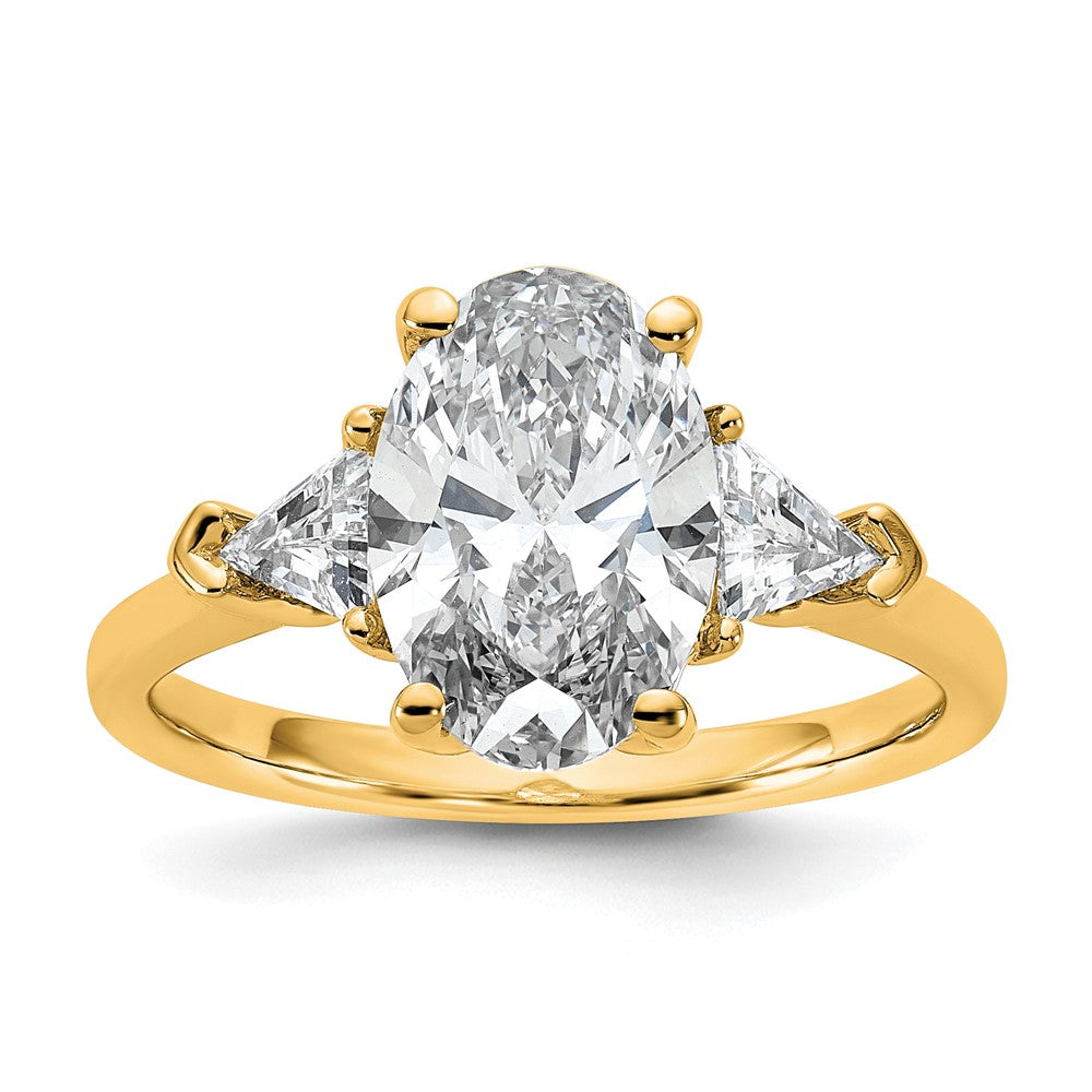 14K Yellow Gold 5/8 carat Lab Grown Diamond VS+ F+ Trillion and 2 1/2 carat Oval Center Semi Mount Three Stone Engagement Ring