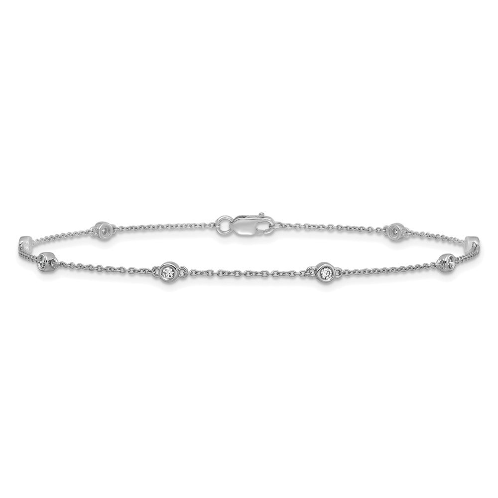 14K White Gold Complete 1/8 carat Bezel-set Diamond and Cable Chain 8-Station 9 Inch Anklet