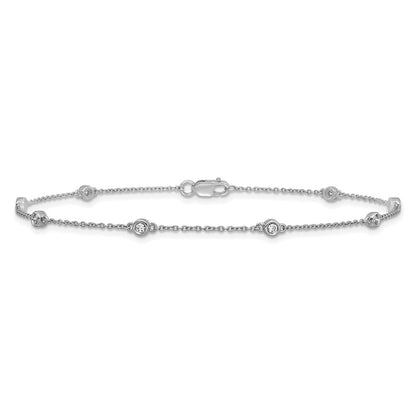 14K White Gold Complete 1/8 carat Bezel-set Diamond and Cable Chain 8-Station 9 Inch Anklet