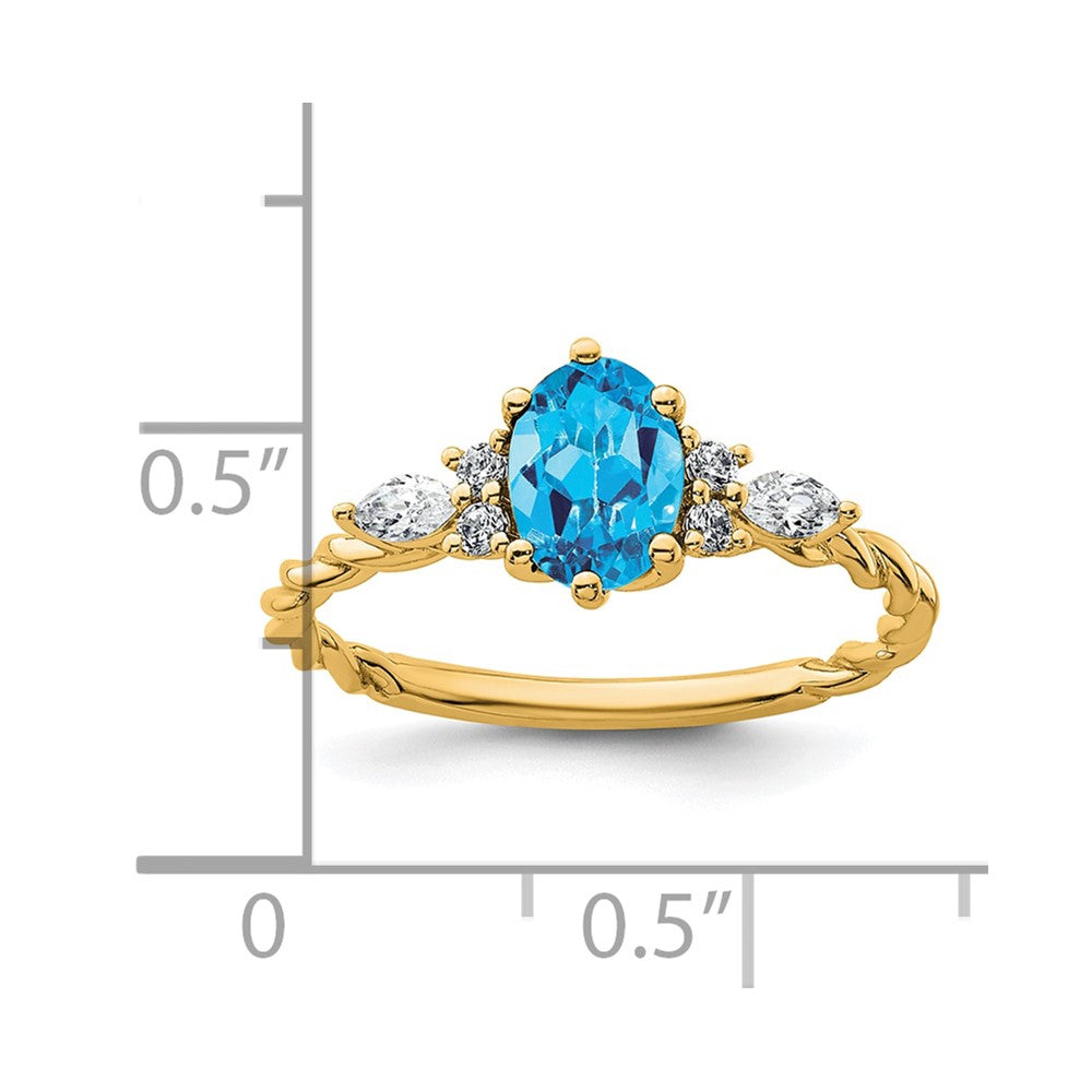 14K Yellow Gold Diamond and 7x5 Oval December/Blue Topaz Size 7 Twisted Ring
