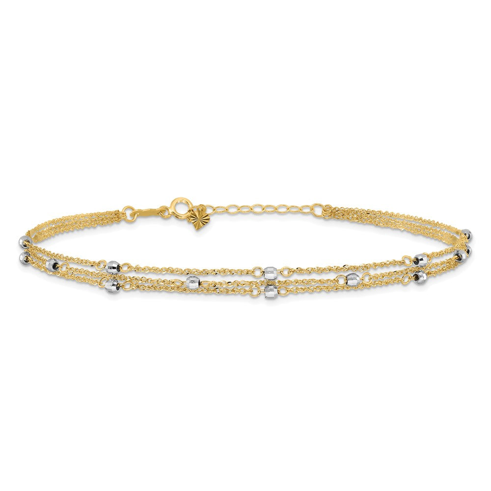14K Two-Tone Gold Two-tone 3-Strand Chain with Mirror Beads 9 Inch Plus 1 Inch Extender - Total 10 Inch Anklet