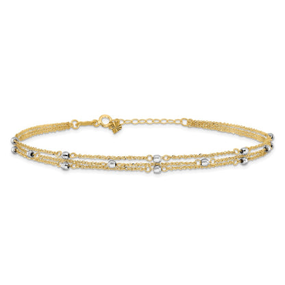 14K Two-Tone Gold Two-tone 3-Strand Chain with Mirror Beads 9 Inch Plus 1 Inch Extender - Total 10 Inch Anklet