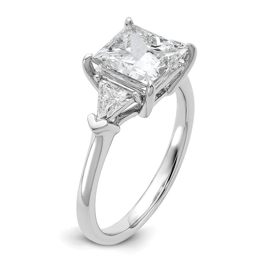 14K White Gold 5/8 carat Lab Grown Diamond VS+ F+ Trillion and 2 1/2 carat Princess Center Semi Mount Three Stone Engagement Ring