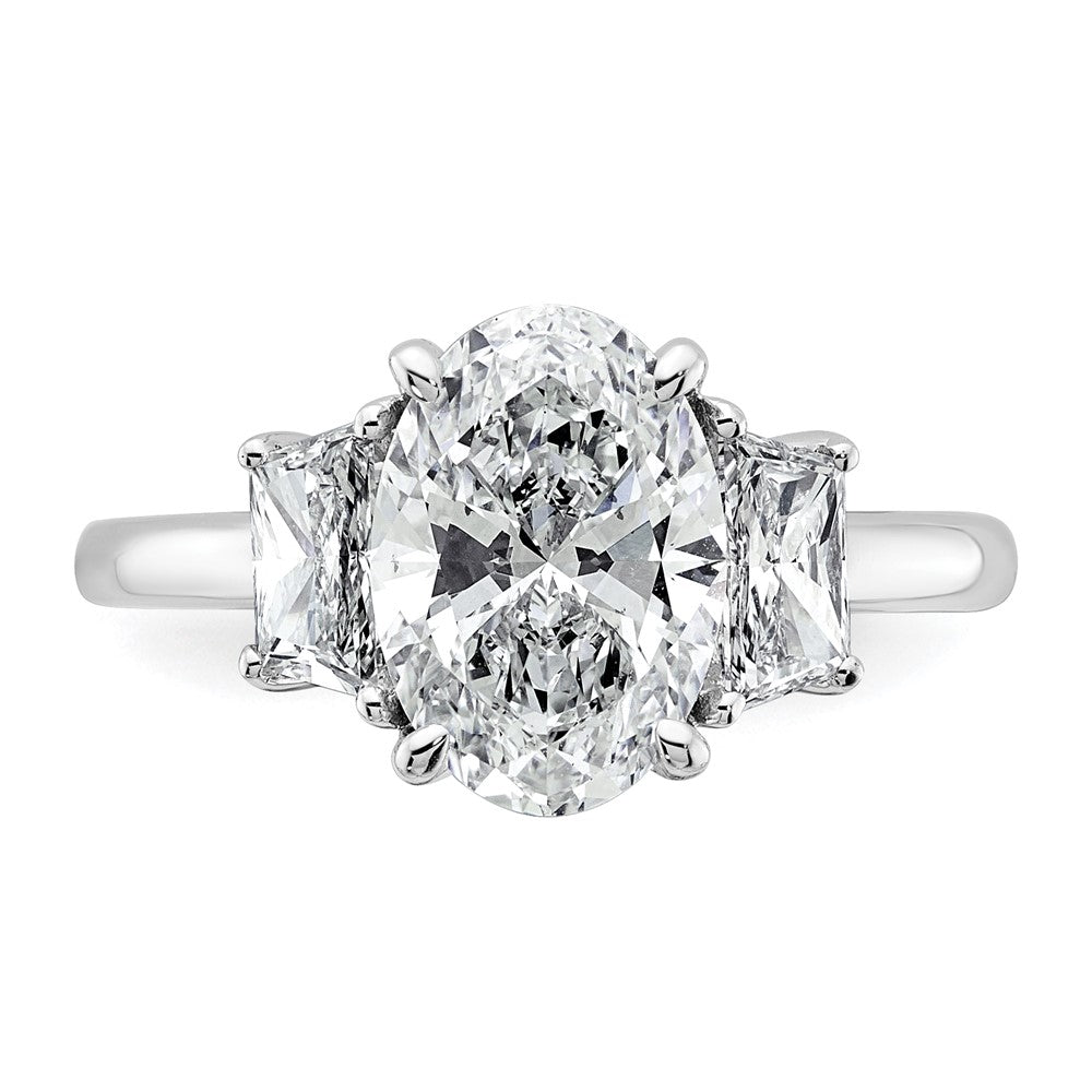 14K White Gold 3 1/3 carat Certified Lab Grown Diamond VS+ F+ Oval and Trapezoid Complete Three Stone Engagement Ring