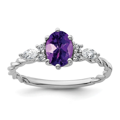 14K White Gold Diamond and 7x5 Oval February/Amethyst Size 7 Twisted Ring