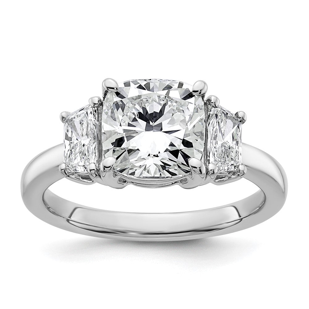 14K White Gold  3/4 carat Lab Grown Diamond VS+ F+ Half Moon 2 1/2 carat Cushion Center Semi Mount Three Stone Engagement Ring