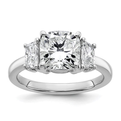 14K White Gold  3/4 carat Lab Grown Diamond VS+ F+ Half Moon 2 1/2 carat Cushion Center Semi Mount Three Stone Engagement Ring