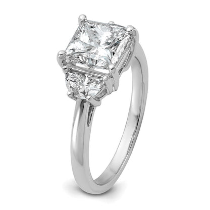 14K White Gold 2 1/2 carat Certified Lab Grown Diamond VS+ F+ Princess and Half Moon Complete Three Stone Engagement Ring