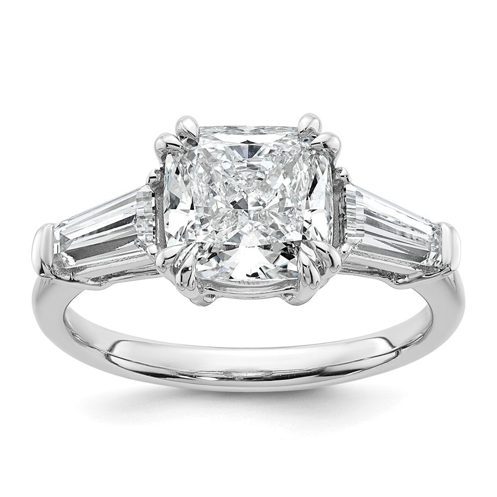 14K White Gold 3/4 carat Lab Grown Diamond VS+ F+ Tapered Baguette 2 1/2 carat Cushion Center Semi Mount Three Stone Engagement Ring