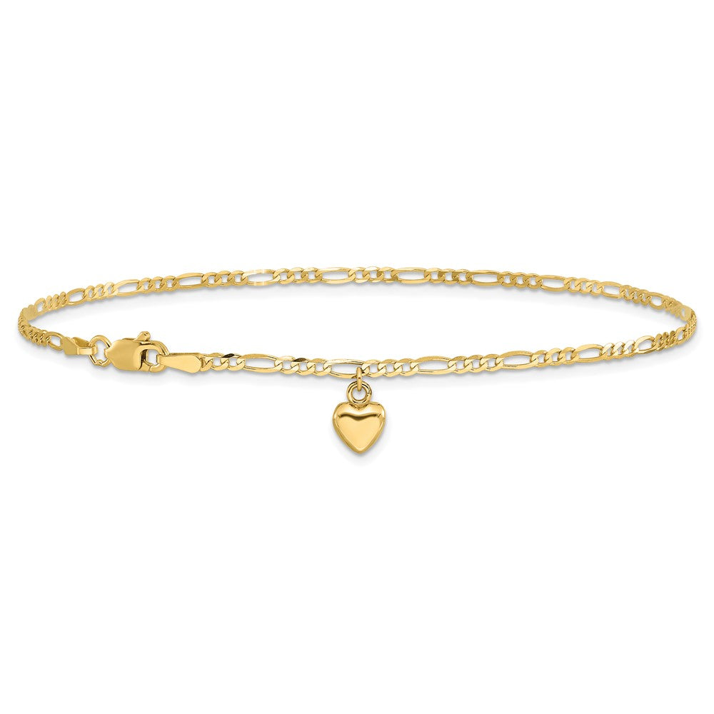 14K Yellow Gold Figaro Link Chain with Dangling Puffed Heart 9 Inch Anklet