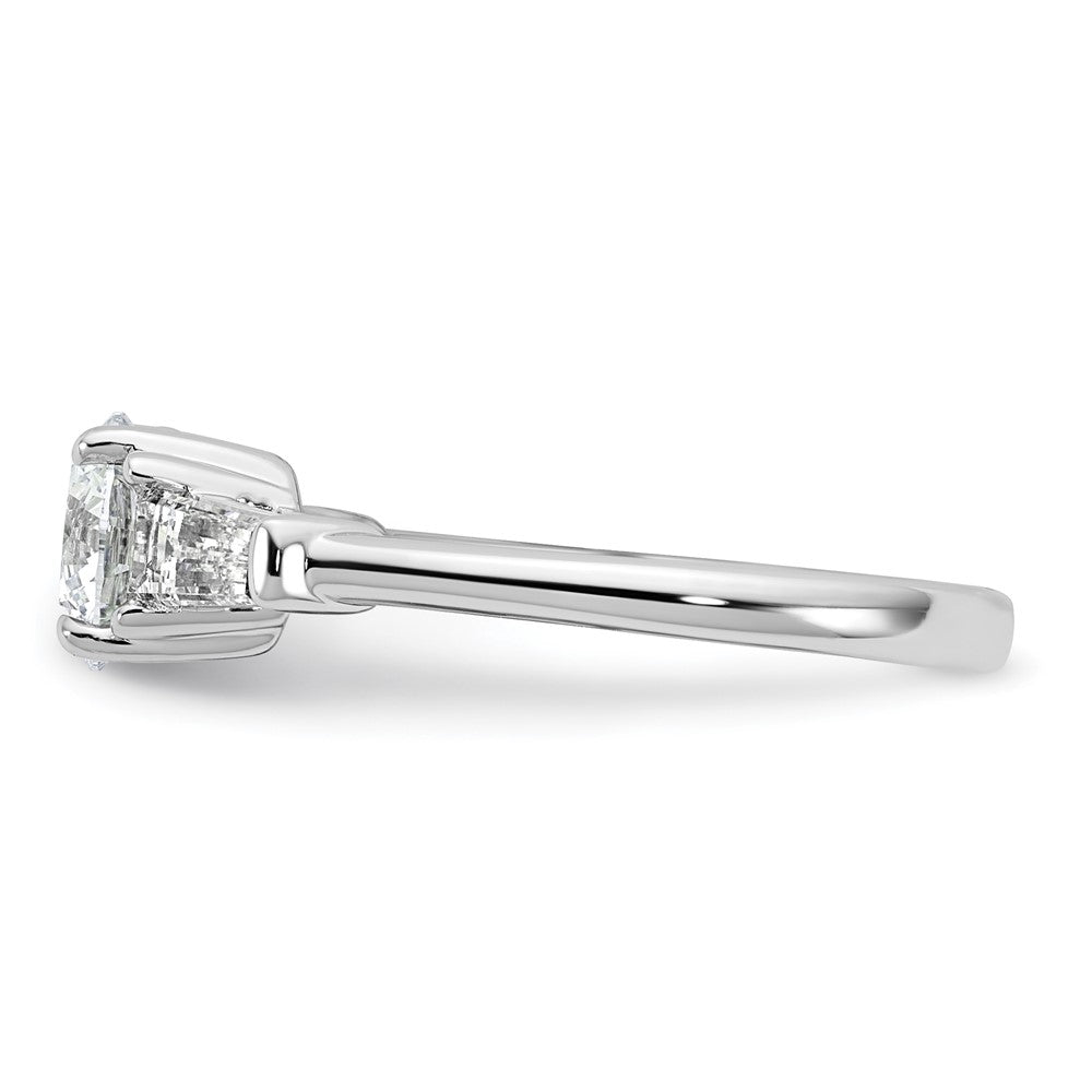 14K White Gold 1/2 carat Lab Grown Diamond VS+ F+ Tapered Baguette with 1 carat Round Center Semi Mount Three Stone Engagement Ring