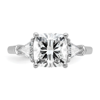 14K White Gold 5/8 carat Lab Grown Diamond VS+ F+ Triangle 2 1/2 carat Cushion Center Semi Mount Three Stone Engagement Ring