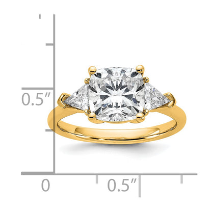 14K Yellow Gold 5/8 carat Lab Grown Diamond VS/SI+ G+ Triangle 2 1/2 carat Cushion Center Semi Mount Three Stone Engagement Ring