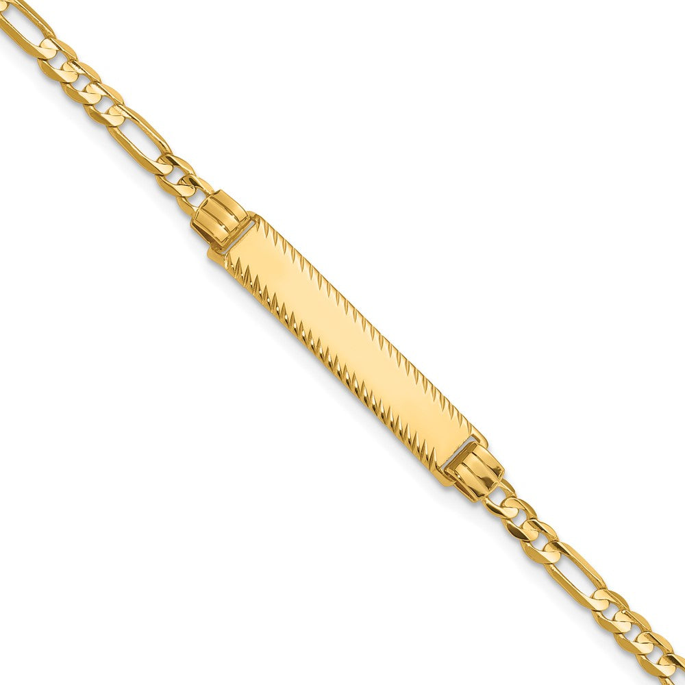 14K Yellow Gold Polished Solid Chain/Solid Plate 3.0mm Figaro Link Diamond-cut 27x5.5mm Plate 7 Inch ID Bracelet