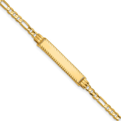 14K Yellow Gold Polished Solid Chain/Solid Plate 3.0mm Figaro Link Diamond-cut 27x5.5mm Plate 7 Inch ID Bracelet
