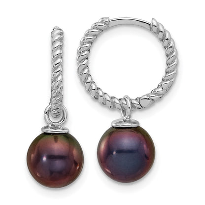 14K White Gold 7-8mm Black and White Freshwater Cultured Pearl Removable Dangle Hoop Earrings