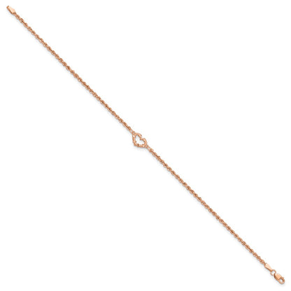 14K Rose Gold Diamond-cut Open Heart and Rope Chain 9 Inch Anklet