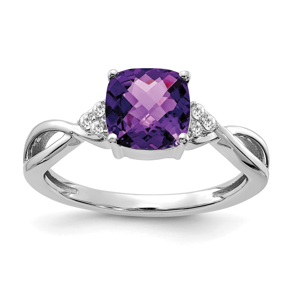 14K White Gold 7mm Cushion Checkerboard February/Amethyst and Diamond Ring