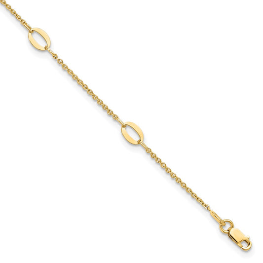 14K Yellow Gold Oval Links 5-Station 9 Inch Plus 1 Inch Extender - Total 10 Inch Anklet