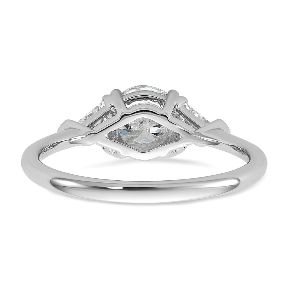 14K White Gold 1/2 carat Lab Grown Diamond VS+ F+ Triangle 1 carat Round Semi Mount Three Stone Engagement Ring