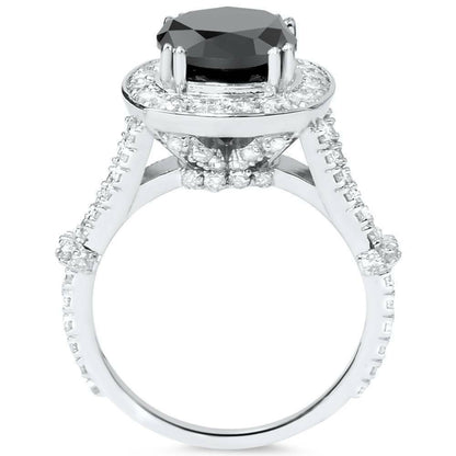 4ct Black REAL Diamond Cushion Vintage Engagement Ring 14K White Gold