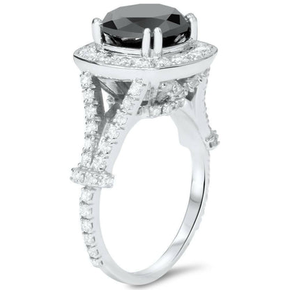 4ct Black REAL Diamond Cushion Vintage Engagement Ring 14K White Gold