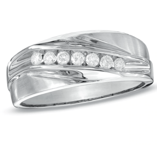 $800 Men's 1/4 CT. Diamond Seven Stone Wedding Band in 14K White Gold
