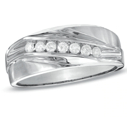 $800 Men's 1/4 CT. Diamond Seven Stone Wedding Band in 14K White Gold