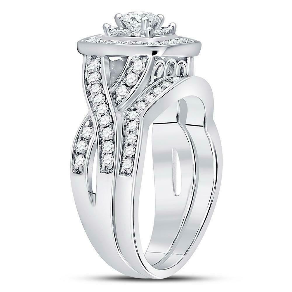 1.0ct Cushion Halo Solitaire Diamond Engagement Wedding Ring Set 14K White Gold