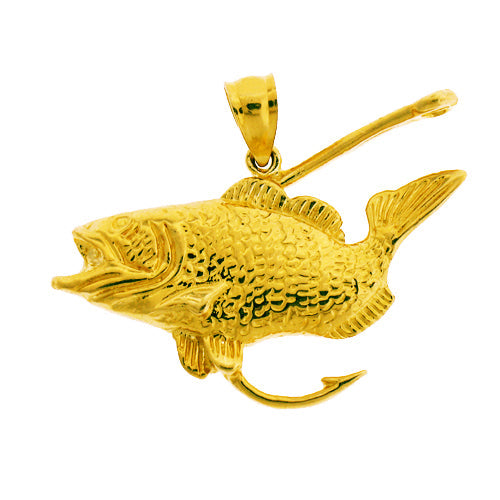 14K Gold Bass with Fishing Hook Pendant