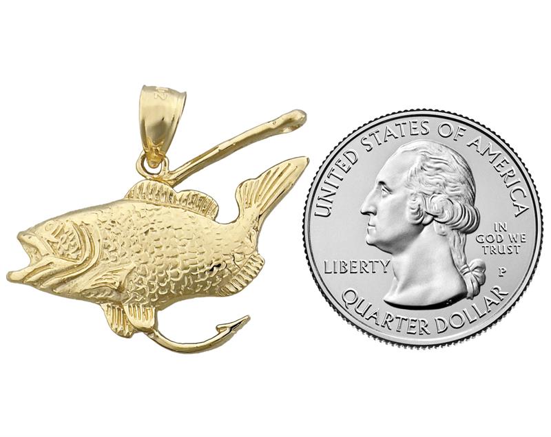 14K Gold Bass with Fishing Hook Pendant