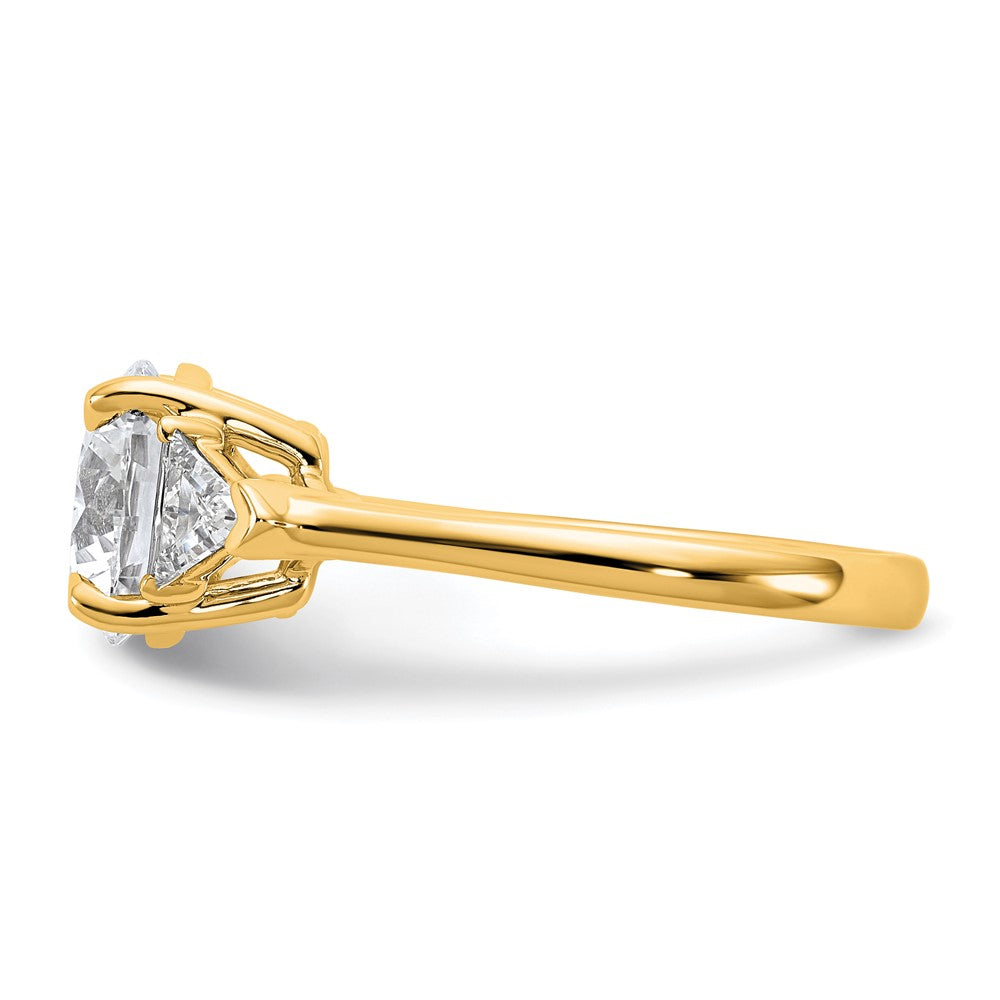 14K Yellow Gold 5/8 carat Lab Grown Diamond VS+ F+ Triangle 2 1/2 carat Round Semi Mount Three Stone Engagement Ring
