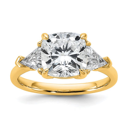 14K Yellow Gold 1 carat Lab Grown Diamond VS/SI+ G+ Triangle 3 carat Cushion Center Semi Mount Three Stone Engagement Ring