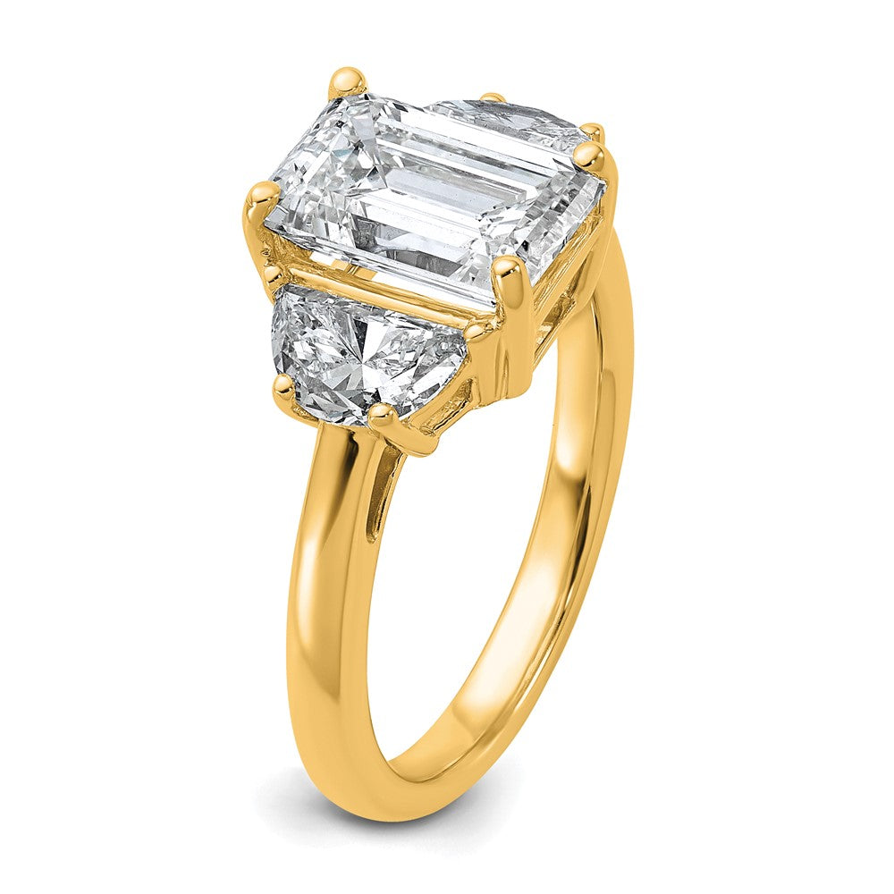 14K Yellow Gold 1 carat Lab Grown Diamond VS+ F+ Semi Mount Emerald and Half Moon Three Stone Engagement Ring