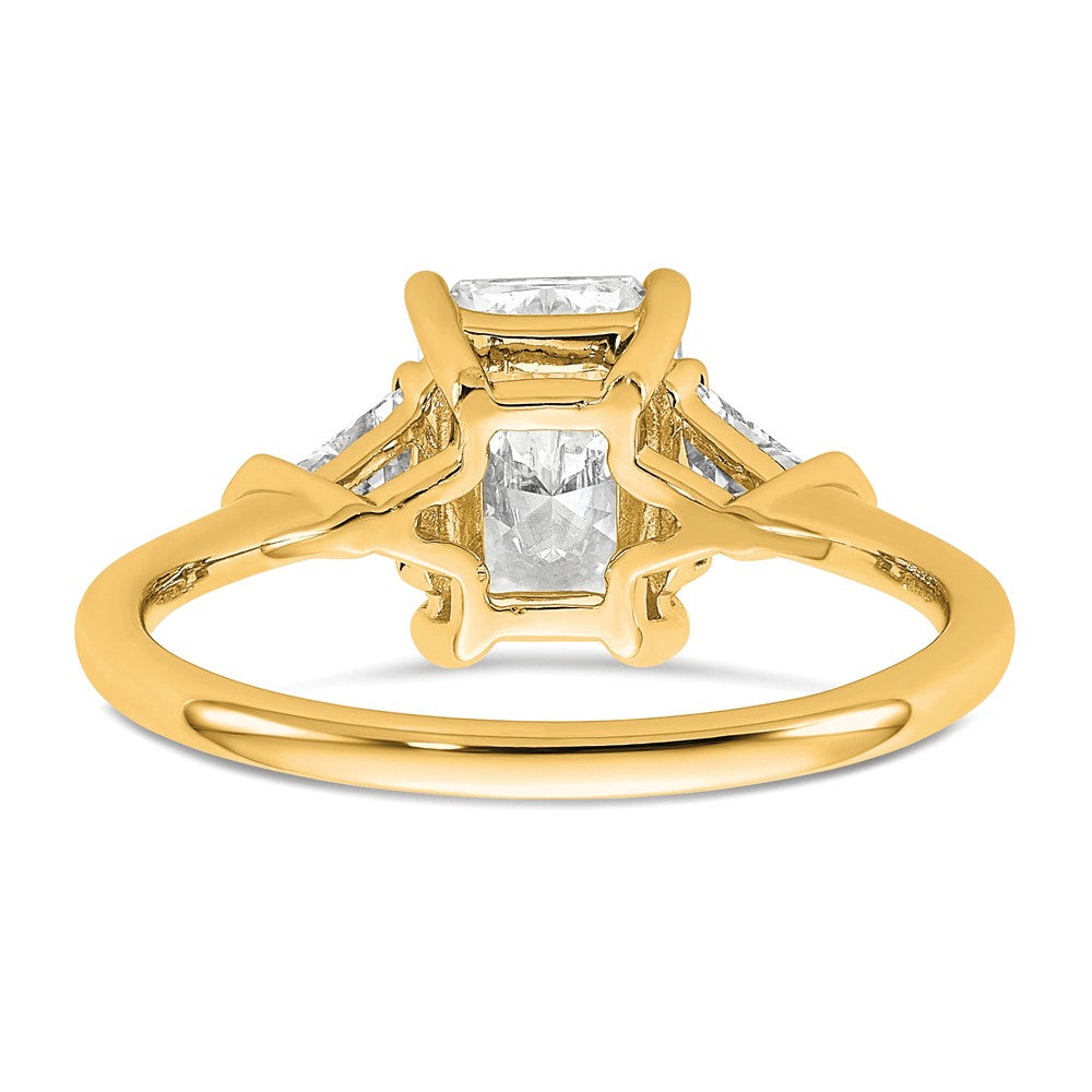 14K Yellow Gold 1/2 carat Lab Grown Diamond VS+ F+ Triangle 1 1/2 carat Radiant Center Semi Mount Three Stone Engagement Ring