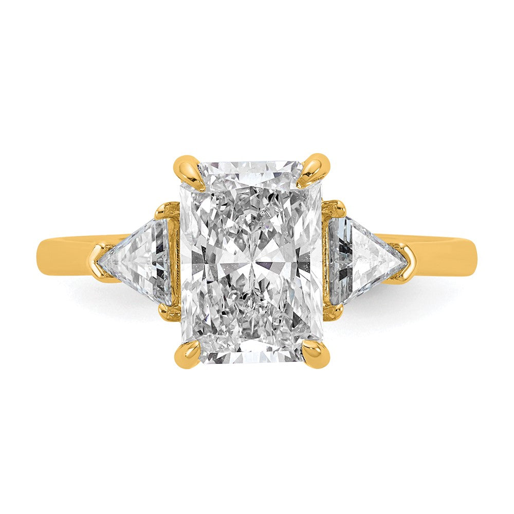 14K Yellow Gold 1/2 carat Lab Grown Diamond VS+ F+ Triangle 2 carat Radiant Center Semi Mount Three Stone Engagement Ring