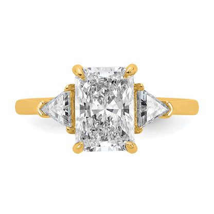 14K Yellow Gold 1/2 carat Lab Grown Diamond VS+ F+ Triangle 2 carat Radiant Center Semi Mount Three Stone Engagement Ring