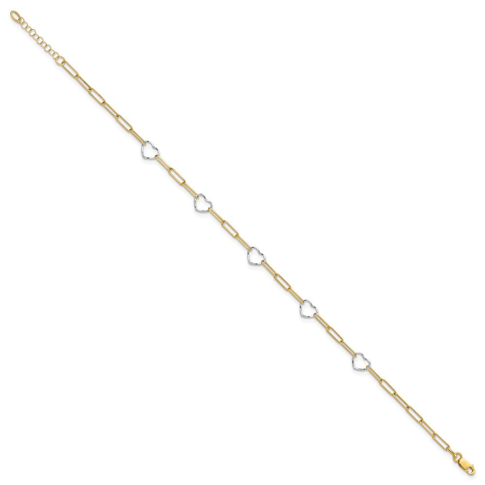 14K Two-Tone Gold Two-tone 5 Hearts and Paperclip Links 9 Inch Plus 1 Inch Extender - Total 10 Inch Anklet