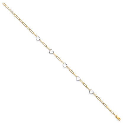 14K Two-Tone Gold Two-tone 5 Hearts and Paperclip Links 9 Inch Plus 1 Inch Extender - Total 10 Inch Anklet